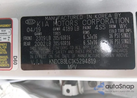 2019 Kia Niro Lx z USA, uszkodzony, nr VIN KNDCB3LC1K5294819